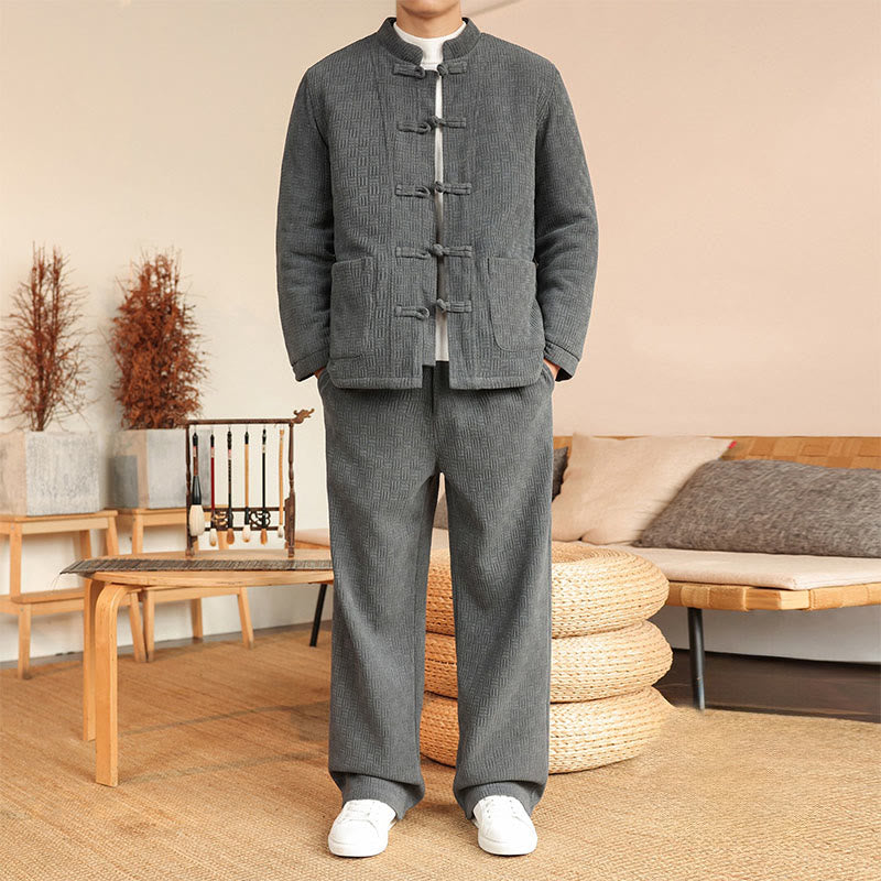 Buddha Stones 2点セット 冬用 無地 メンズ 唐装 カエルボタン コットン 長袖 ジャケット パンツ セット ポケット付き - グレー - US/UK/AU46、 EU56 (5XL) - image 0