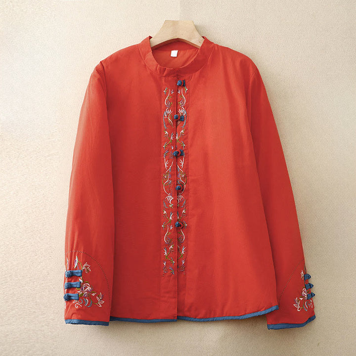 Buddha Stones冬 花刺繍 カエルボタン 長袖 レディース サーマルジャケット - オレンジレッド - US12、 UK/AU16、 EU44 (3XL) - image 17