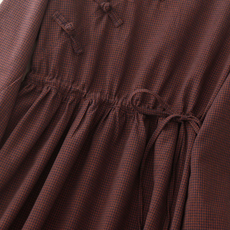 Buddha Stones秋 ブラウン チェック柄 スタンドカラー フロッグボタンデザイン 長袖 ミディドレス ポケット付き - image 5