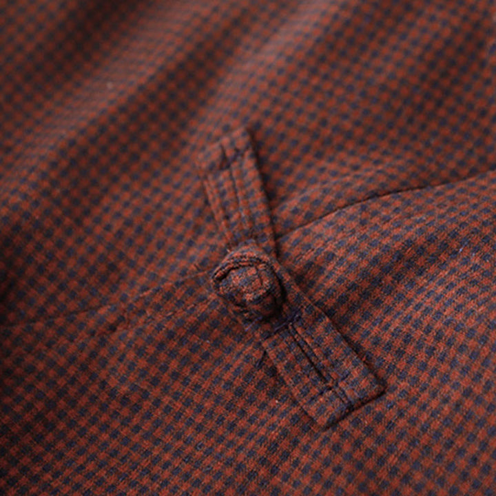 Buddha Stones秋 ブラウン チェック柄 スタンドカラー フロッグボタンデザイン 長袖 ミディドレス ポケット付き - image 3