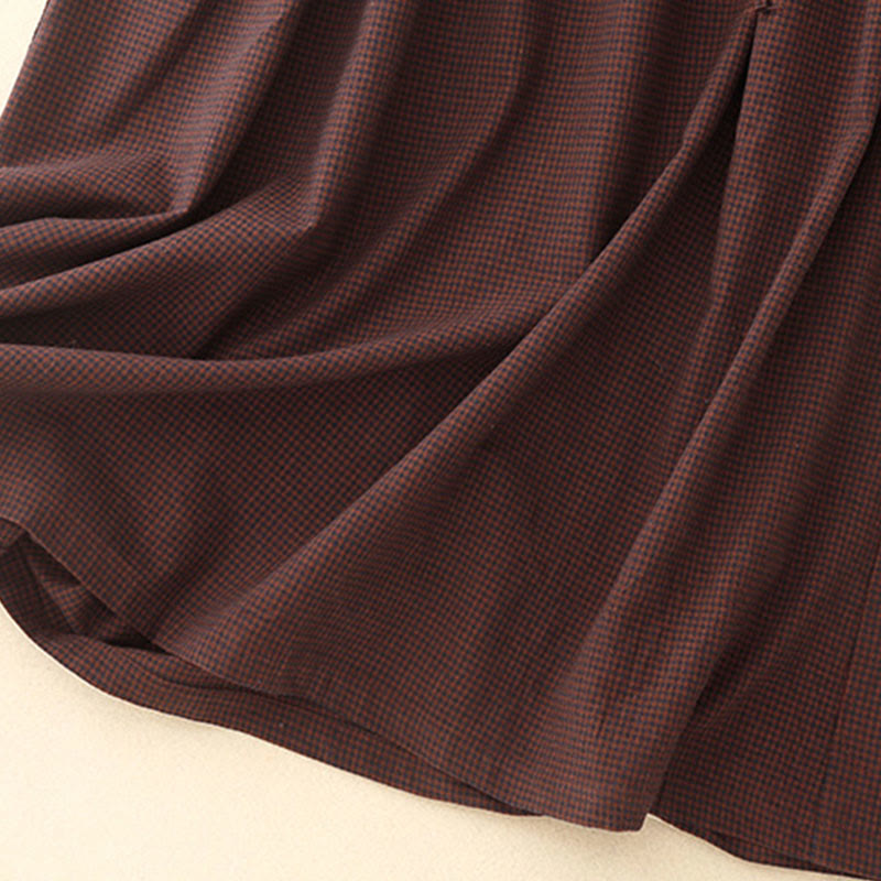 Buddha Stones秋 ブラウン チェック柄 スタンドカラー フロッグボタンデザイン 長袖 ミディドレス ポケット付き - image 10