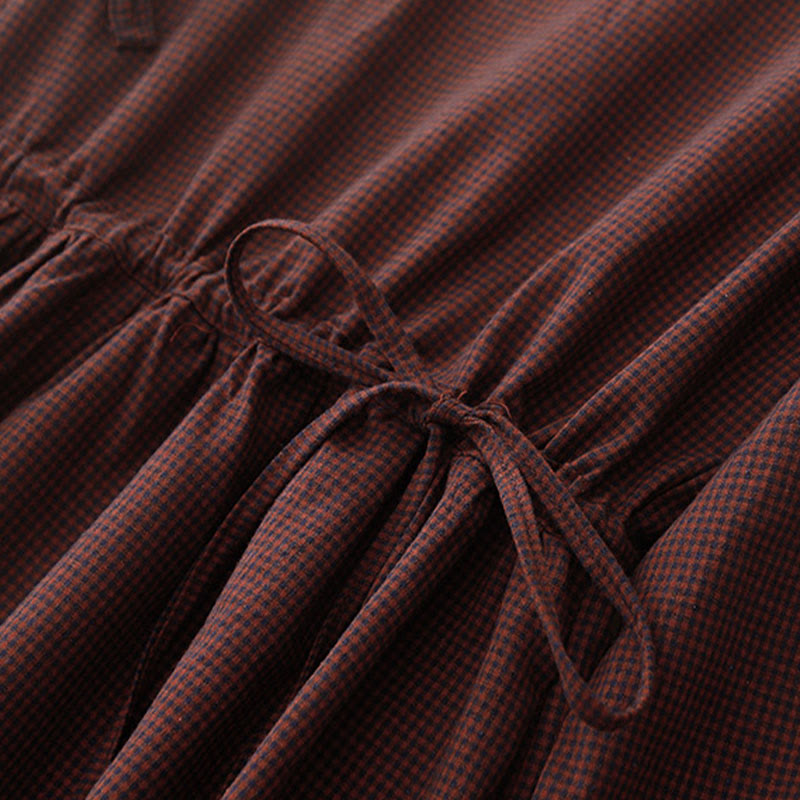 Buddha Stones秋 ブラウン チェック柄 スタンドカラー フロッグボタンデザイン 長袖 ミディドレス ポケット付き - image 7