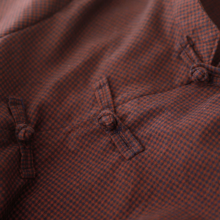 Buddha Stones秋 ブラウン チェック柄 スタンドカラー フロッグボタンデザイン 長袖 ミディドレス ポケット付き - image 4