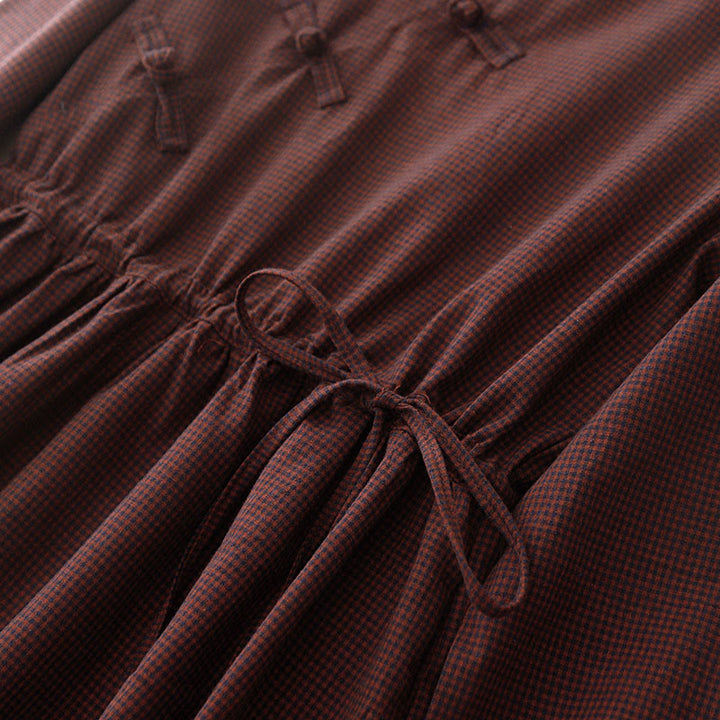 Buddha Stones秋 ブラウン チェック柄 スタンドカラー フロッグボタンデザイン 長袖 ミディドレス ポケット付き - image 6