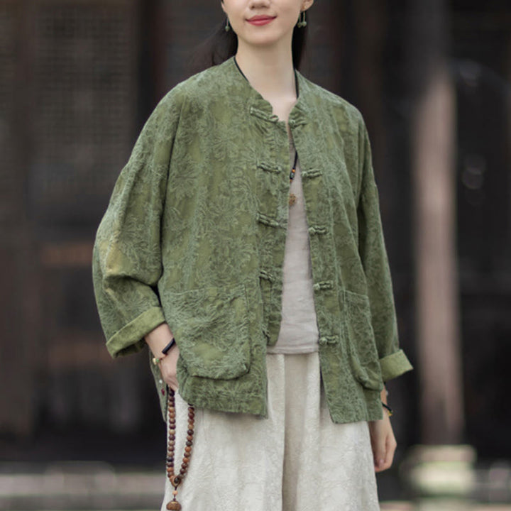 Buddha Stones秋 ジャカード レディース フロッグボタン 長袖シャツ パンツ コットンリネン 衣類 - image 7