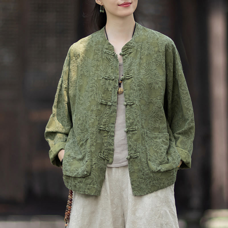 Buddha Stones秋 ジャカード レディース フロッグボタン 長袖シャツ パンツ コットンリネン 衣類 - image 6