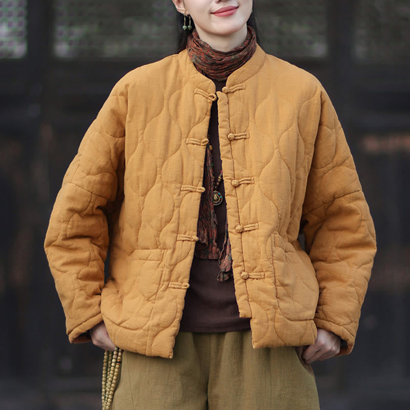 Buddha Stones冬用 カーブライン カエルボタン ラミーコットン 長袖 レディース サーマルジャケット ポケット付き - image 1