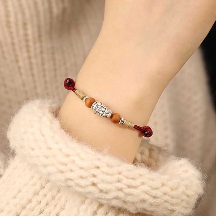 Buddha Stones 999スターリングシルバーPiXiuチャーム ピーチウッドビーズ ハンドメイドストリング編み込み幸運ブレスレットアンクレット - image 10