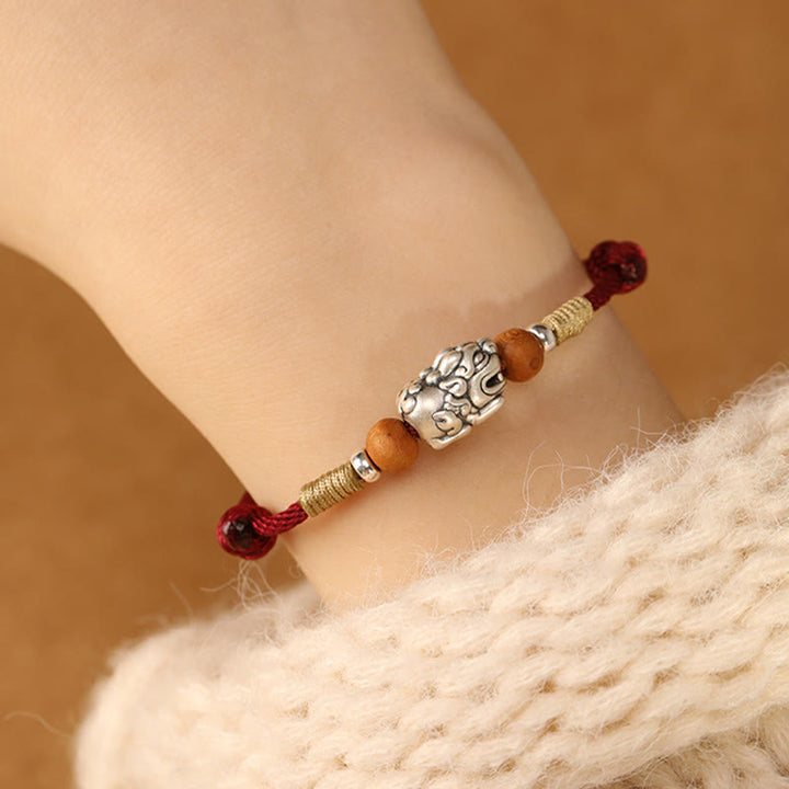 Buddha Stones 999スターリングシルバーPiXiuチャーム ピーチウッドビーズ ハンドメイドストリング編み込み幸運ブレスレットアンクレット - image 9