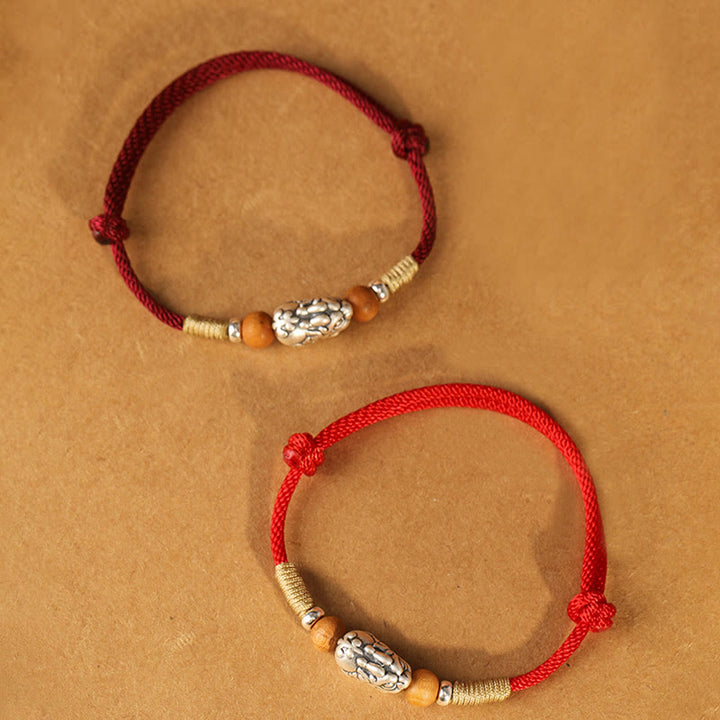 Buddha Stones 999スターリングシルバーPiXiuチャーム ピーチウッドビーズ ハンドメイドストリング編み込み幸運ブレスレットアンクレット - image 23