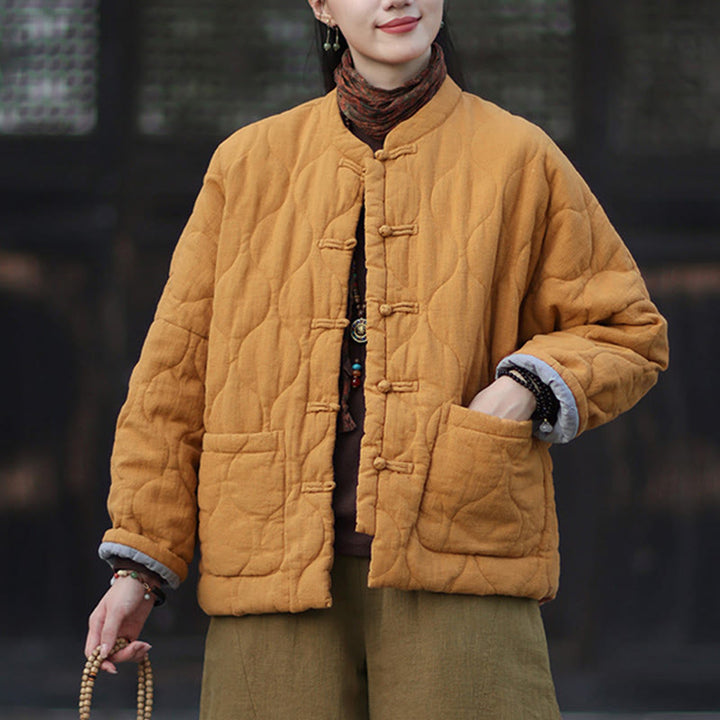 Buddha Stones冬用 カーブライン カエルボタン ラミーコットン 長袖 レディース サーマルジャケット ポケット付き - image 2