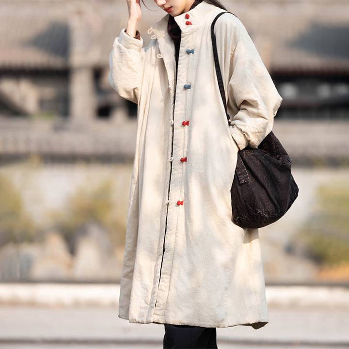 Buddha Stones冬用 無地 フロッグボタン ラミーコットン レディース 長袖 保温コート ポケット付き - リネン - US6、 UK/AU10、 EU38 (M) - image 0