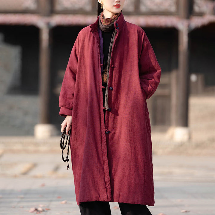 Buddha Stones冬用 無地 フロッグボタン ラミーコットン レディース 長袖 保温コート ポケット付き - クリムゾン - US6、 UK/AU10、 EU38 (M) - image 10