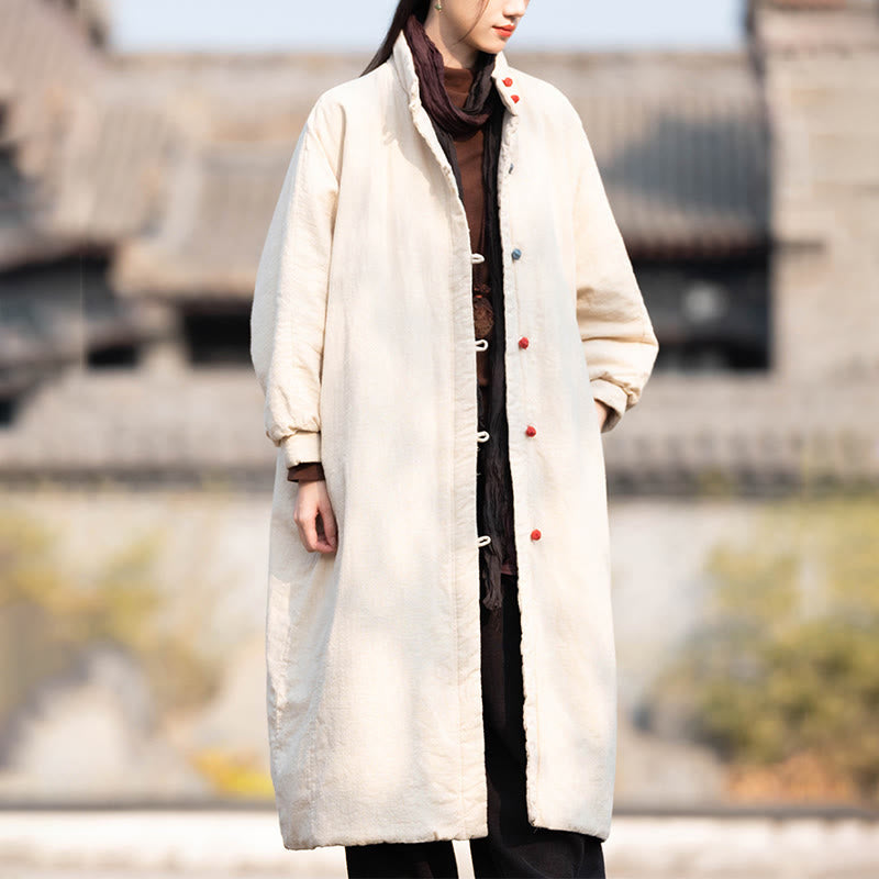 Buddha Stones冬用 無地 フロッグボタン ラミーコットン レディース 長袖 保温コート ポケット付き - image 1