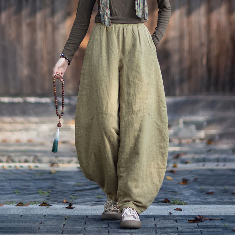 Buddha Stones冬用 伸縮性ウエスト ラミーコットン サーマル レディース パンツ ポケット付き - image 1