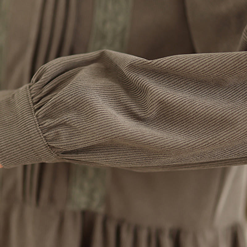 Buddha Stones冬用プリーツボタンダウン 長袖コーデュロイ レディース ミディドレス ポケット付き - image 10