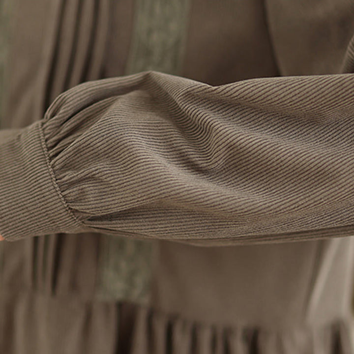 Buddha Stones冬用プリーツボタンダウン 長袖コーデュロイ レディース ミディドレス ポケット付き - image 10