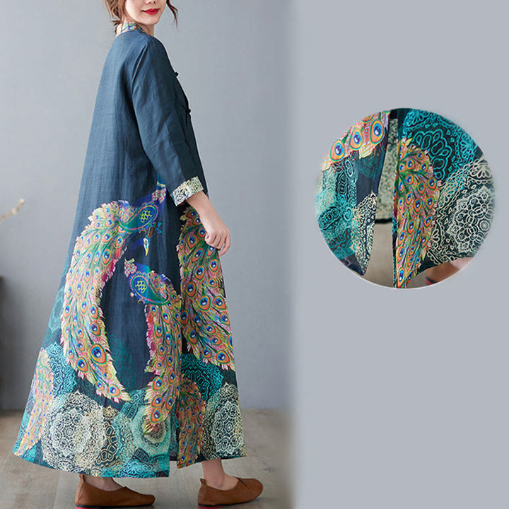 Buddha Stones、秋のカラフルな孔雀、曼荼羅、カエルボタン、七分袖コットン、レディースミディドレス - image 10