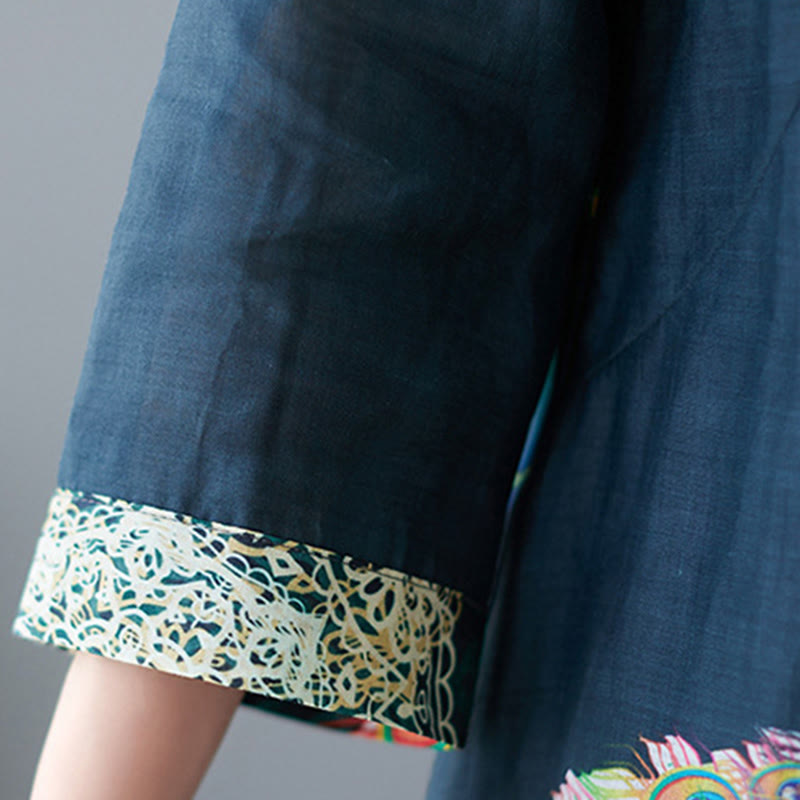 Buddha Stones、秋のカラフルな孔雀、曼荼羅、カエルボタン、七分袖コットン、レディースミディドレス - image 16