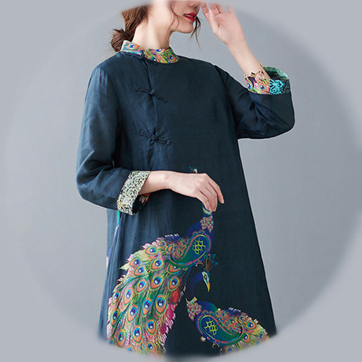 Buddha Stones、秋のカラフルな孔雀、曼荼羅、カエルボタン、七分袖コットン、レディースミディドレス - image 12