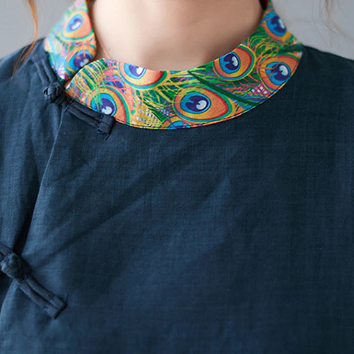 Buddha Stones、秋のカラフルな孔雀、曼荼羅、カエルボタン、七分袖コットン、レディースミディドレス - image 13