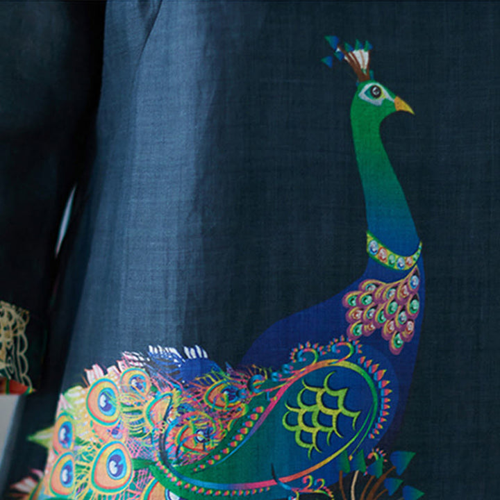 Buddha Stones、秋のカラフルな孔雀、曼荼羅、カエルボタン、七分袖コットン、レディースミディドレス - image 15