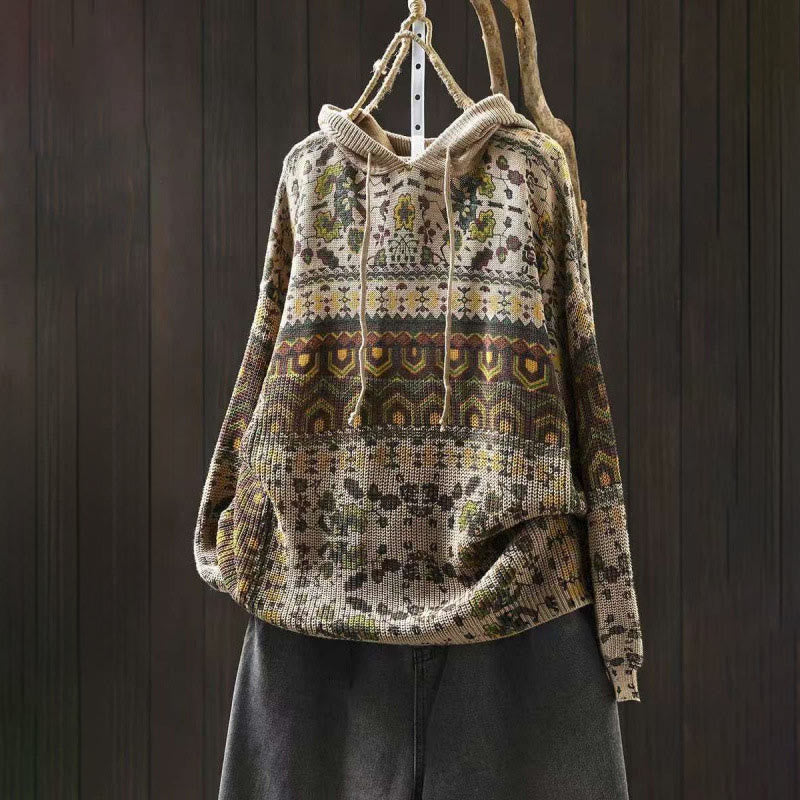 Buddha Stones秋 ストライプ 幾何学模様 花柄 コットン レディース 長袖 プルオーバー ニット パーカー - ベージュ - US4-6、 UK/AU8-10、 EU36-38 (F) - image 0