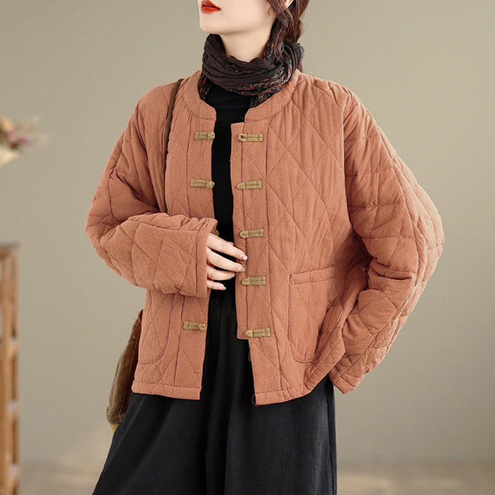 Buddha Stones冬用 カエルボタン ダイヤモンド型ライン コットン 長袖 レディース サーマルジャケット ポケット付き - サンディブラウン - US14、 UK/AU18、 EU46 (2XL) - image 0