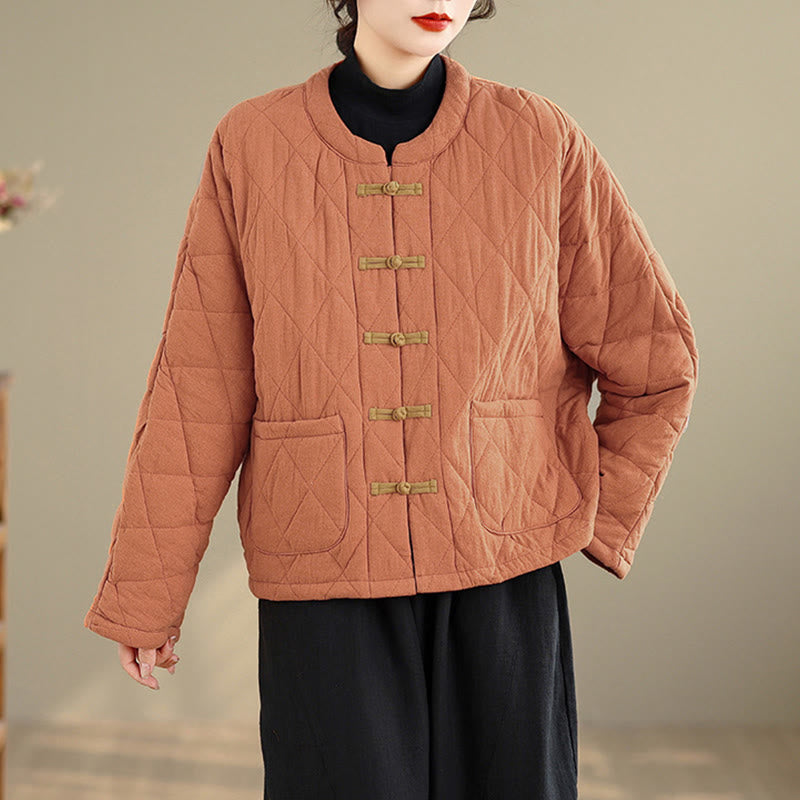 Buddha Stones冬用 カエルボタン ダイヤモンド型ライン コットン 長袖 レディース サーマルジャケット ポケット付き - image 5