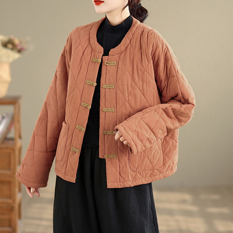 Buddha Stones冬用 カエルボタン ダイヤモンド型ライン コットン 長袖 レディース サーマルジャケット ポケット付き - image 4