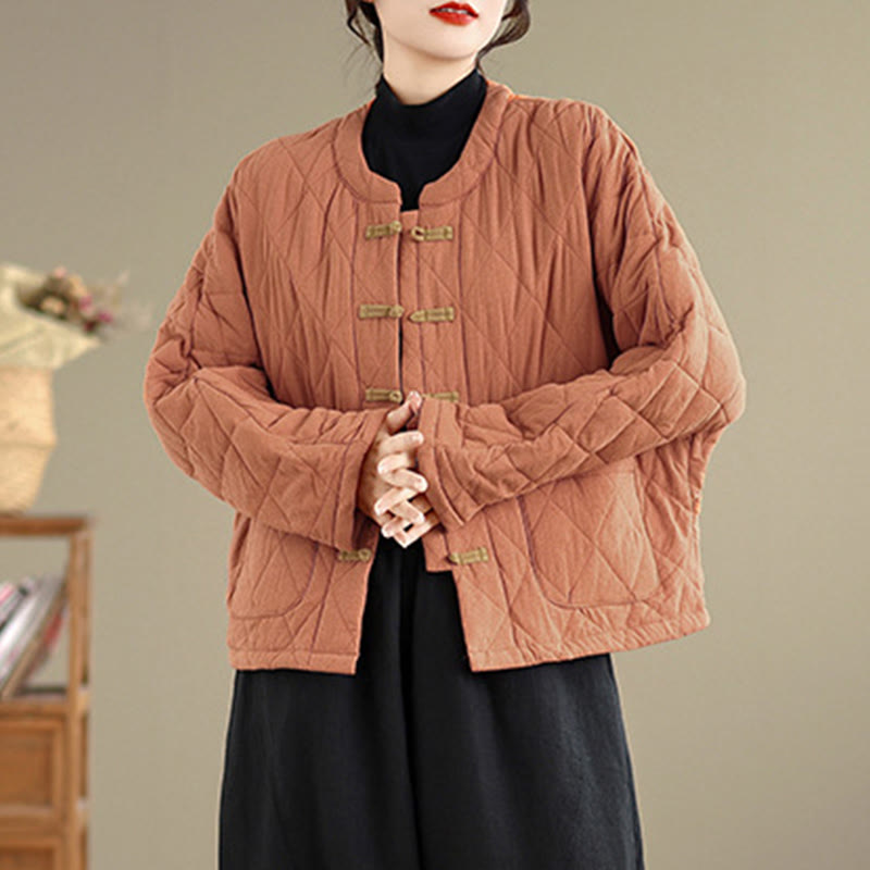 Buddha Stones冬用 カエルボタン ダイヤモンド型ライン コットン 長袖 レディース サーマルジャケット ポケット付き - image 2