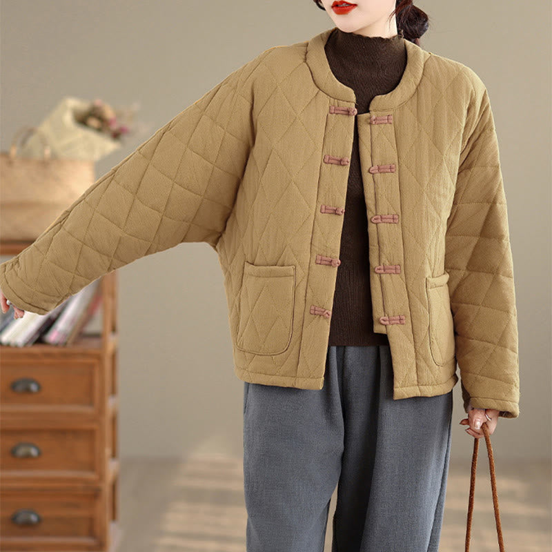 Buddha Stones冬用 カエルボタン ダイヤモンド型ライン コットン 長袖 レディース サーマルジャケット ポケット付き - image 7