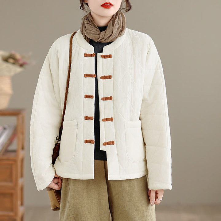 Buddha Stones冬用 カエルボタン ダイヤモンド型ライン コットン 長袖 レディース サーマルジャケット ポケット付き - image 17