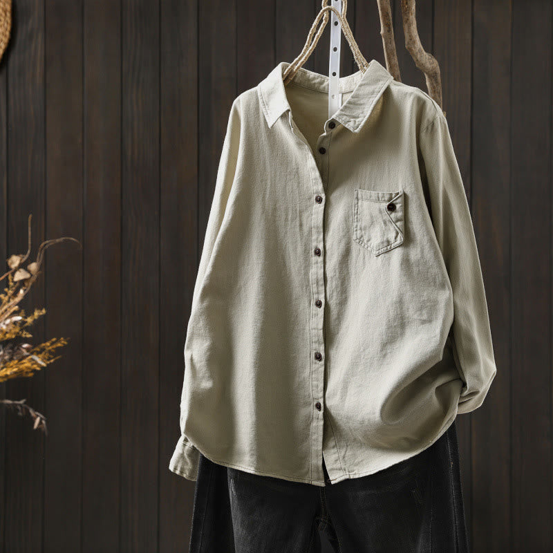 Buddha Stonesの秋ボタンダウンポケット装飾デザインレディーススタンドカラー長袖コットンシャツ - ベージュ - US6、 UK/AU10、 EU38 (L) - image 14