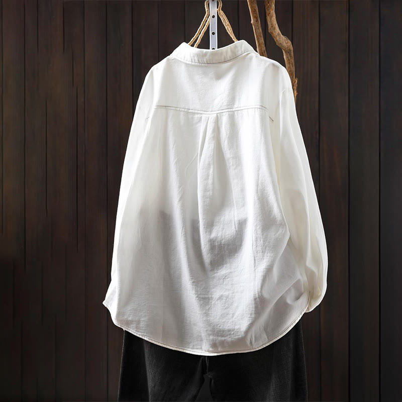 Buddha Stonesの秋ボタンダウンポケット装飾デザインレディーススタンドカラー長袖コットンシャツ - image 2