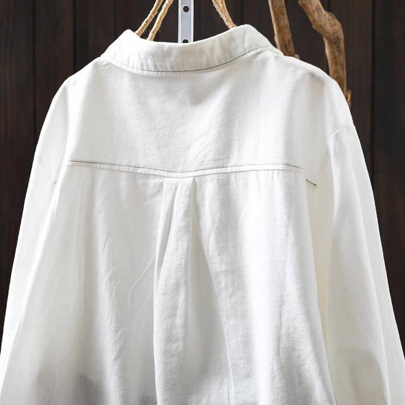 Buddha Stonesの秋ボタンダウンポケット装飾デザインレディーススタンドカラー長袖コットンシャツ - image 4