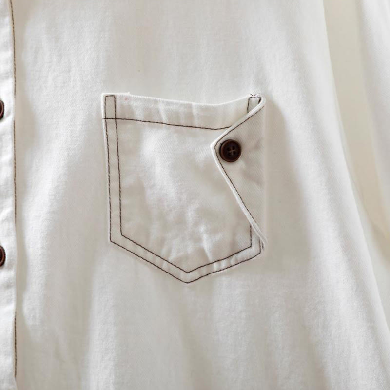 Buddha Stonesの秋ボタンダウンポケット装飾デザインレディーススタンドカラー長袖コットンシャツ - image 6