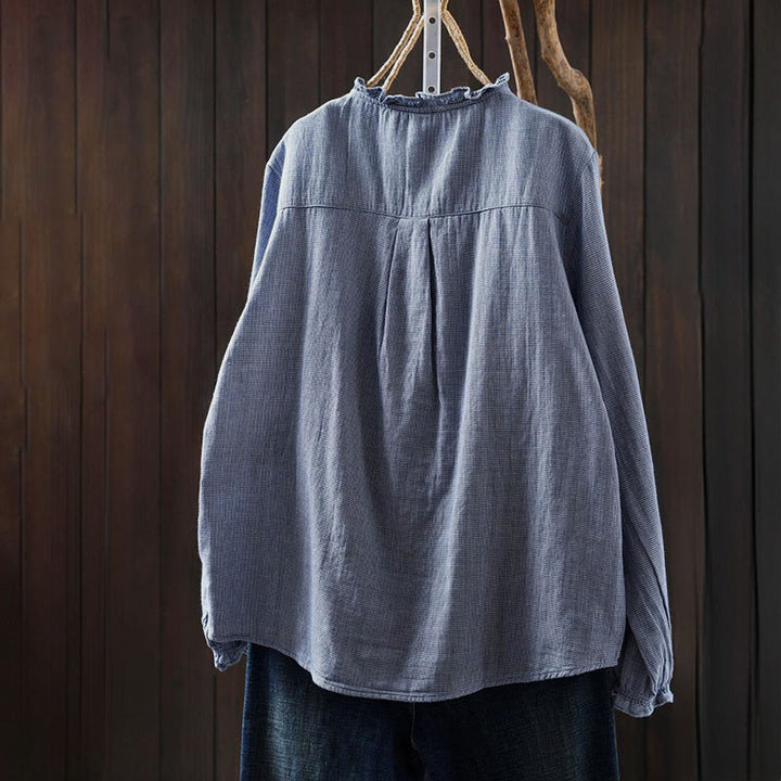 Buddha Stones秋冬 スモールチェック柄 ボタンダウン フリルカラー 長袖 レディース コットンシャツ - image 2