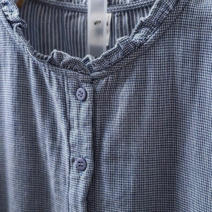 Buddha Stones秋冬 スモールチェック柄 ボタンダウン フリルカラー 長袖 レディース コットンシャツ - image 4