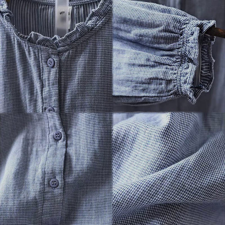 Buddha Stones秋冬 スモールチェック柄 ボタンダウン フリルカラー 長袖 レディース コットンシャツ - image 11