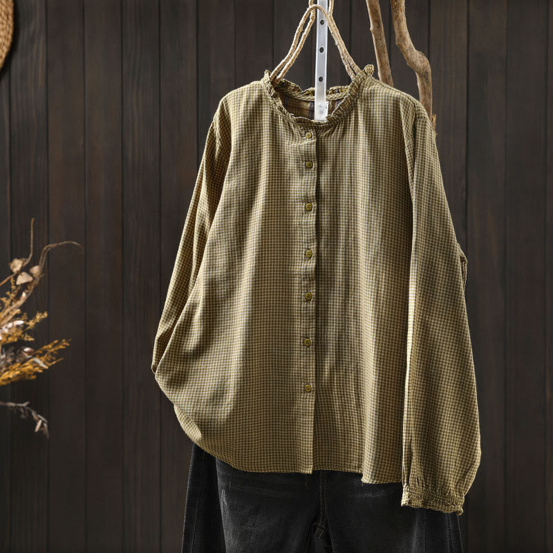 Buddha Stones秋 チェック柄 ボタンダウン フリルカラー 長袖 レディース コットンシャツ - ダークカーキ - US6、 UK/AU10、 EU38 (L) - image 13