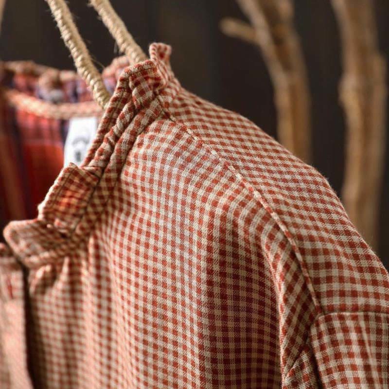 Buddha Stones秋 チェック柄 ボタンダウン フリルカラー 長袖 レディース コットンシャツ - image 6