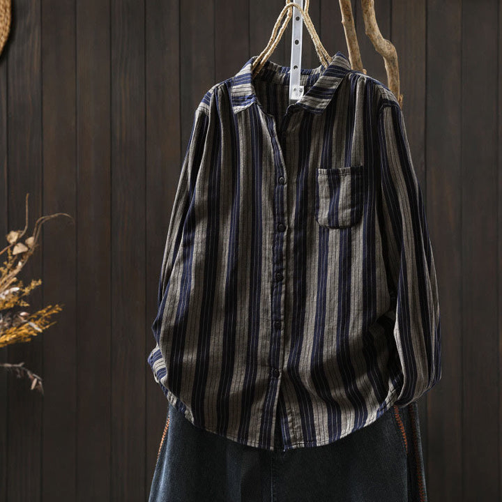 Buddha Stones秋 縦縞 ボタンダウン スタンドカラー 長袖 レディース コットンシャツ - ライトスレートグレー - US6、 UK/AU10、 EU38 (L) - image 27