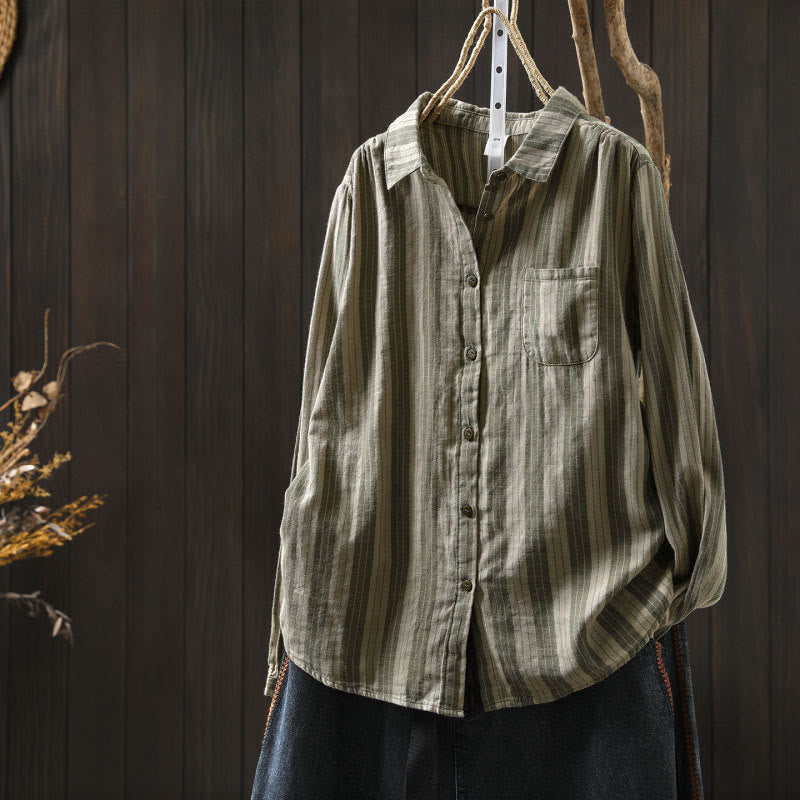Buddha Stones秋 縦縞 ボタンダウン スタンドカラー 長袖 レディース コットンシャツ - ダークシーグリーン - US6、 UK/AU10、 EU38 (L) - image 25
