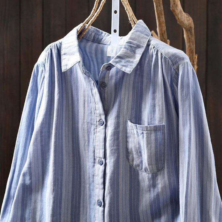 Buddha Stones秋 縦縞 ボタンダウン スタンドカラー 長袖 レディース コットンシャツ - image 2