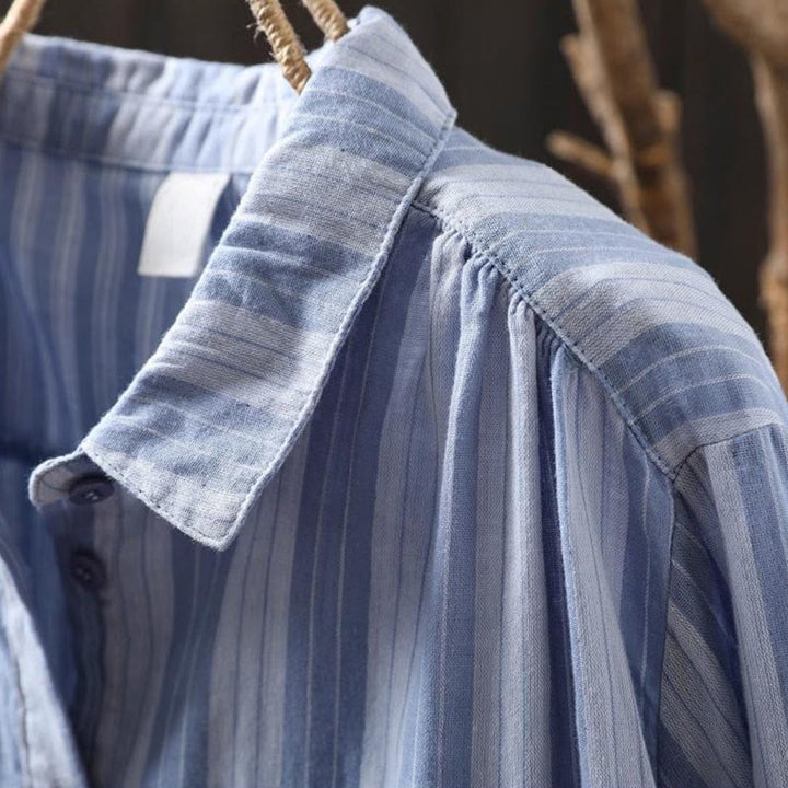 Buddha Stones秋 縦縞 ボタンダウン スタンドカラー 長袖 レディース コットンシャツ - image 3