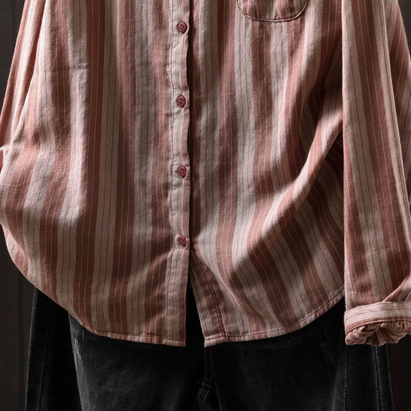 Buddha Stones秋 縦縞 ボタンダウン スタンドカラー 長袖 レディース コットンシャツ - image 21