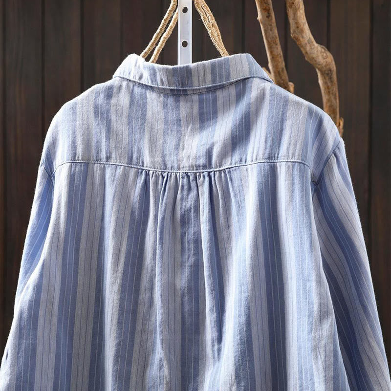 Buddha Stones秋 縦縞 ボタンダウン スタンドカラー 長袖 レディース コットンシャツ - image 4