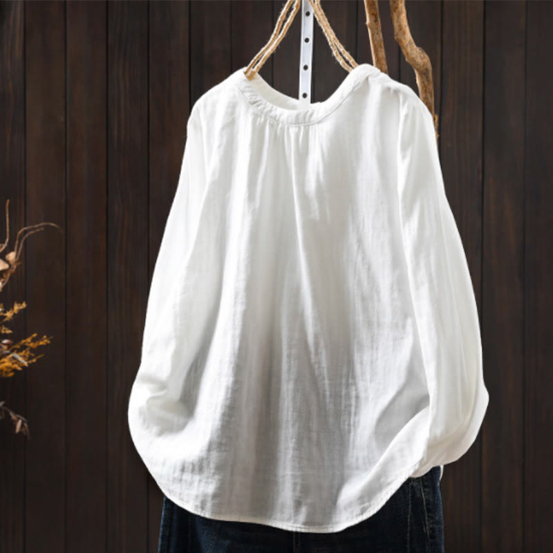 Buddha Stones秋 クルーネック バックボタンダウンデザイン 長袖 レディース コットンシャツ - 白 - US6、 UK/AU10、 EU38 (L) - image 13