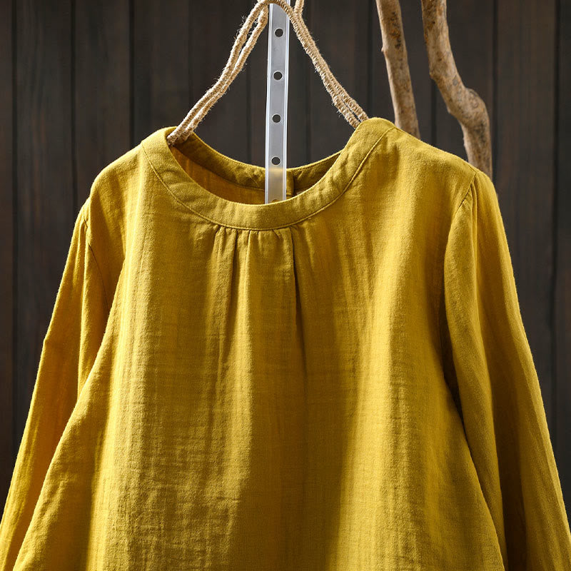 Buddha Stones秋 クルーネック バックボタンダウンデザイン 長袖 レディース コットンシャツ - image 10